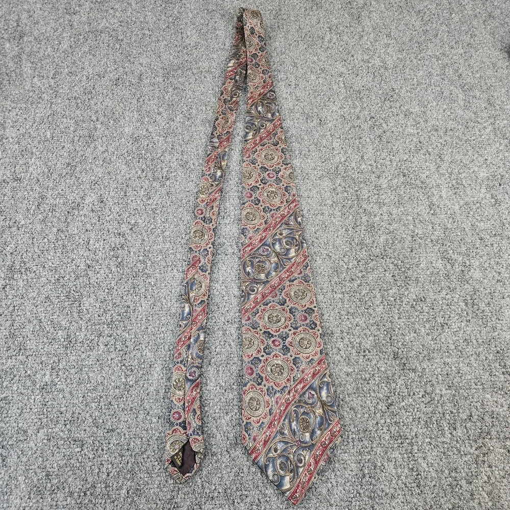 Mallory Church Silk Tie Made in USA Paisley Medallion Blue Red Gold Vintage Styl